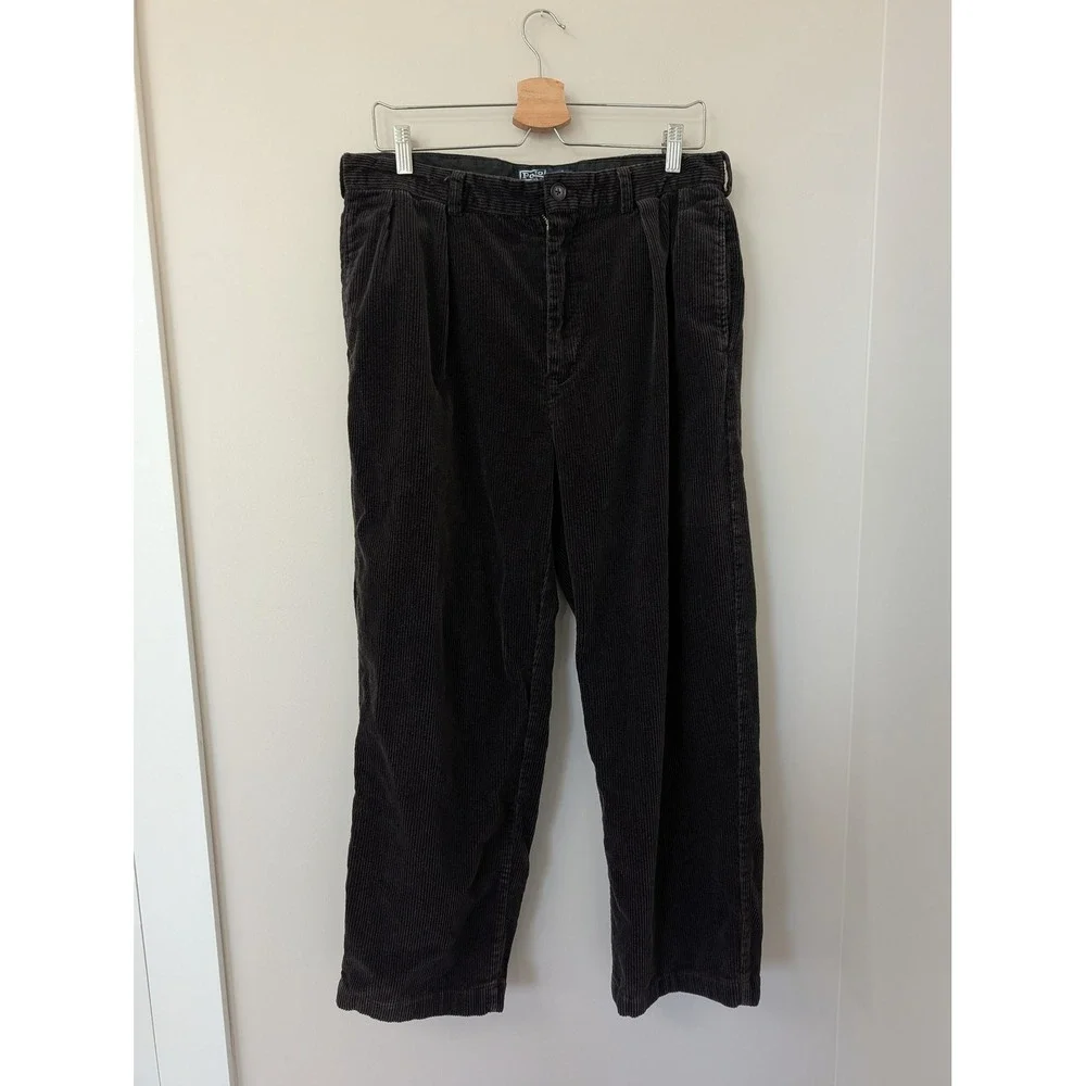 Vintage‎ Polo Ralph Lauren Andrew Pant Mens Brown Corduroy Pleated Trousers